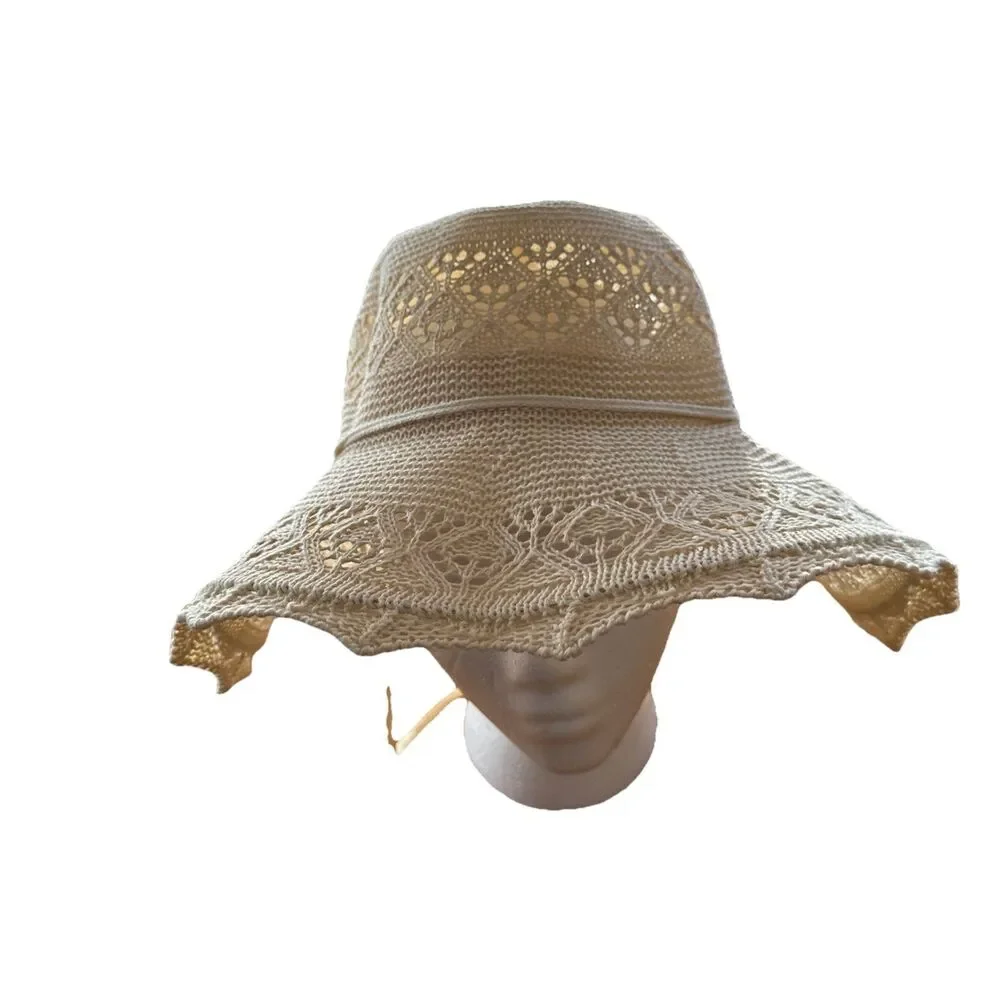 Vintage Grank Beige Sz L Lace Woven Summer Sun Hat Women's Floppy Beach Accessor